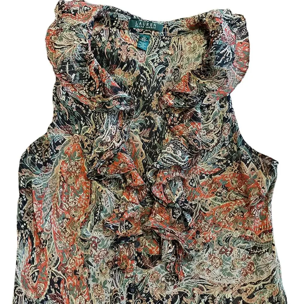 Ralph Lauren Womens metallic paisley ruffle tank blouse Size 14